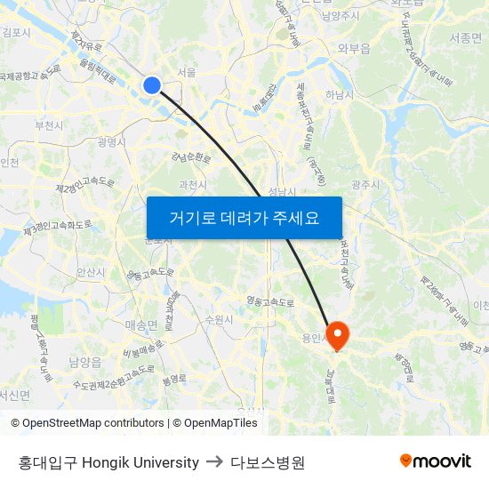 홍대입구 Hongik University to 다보스병원 map