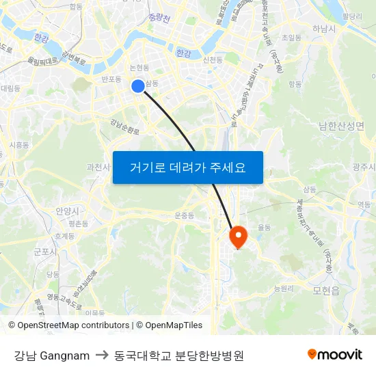 강남 Gangnam to 동국대학교 분당한방병원 map