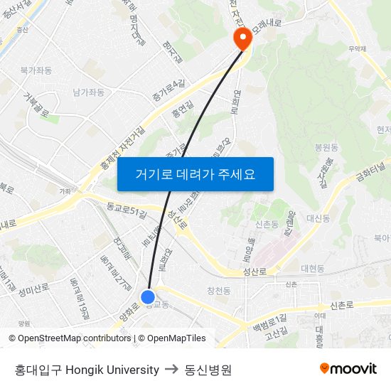 홍대입구 Hongik University to 동신병원 map