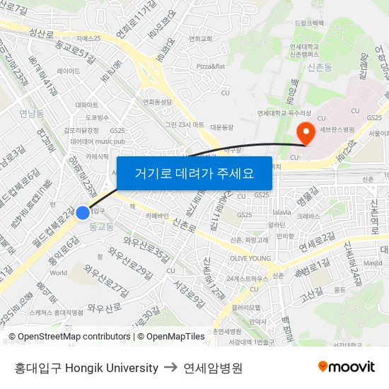 홍대입구 Hongik University to 연세암병원 map