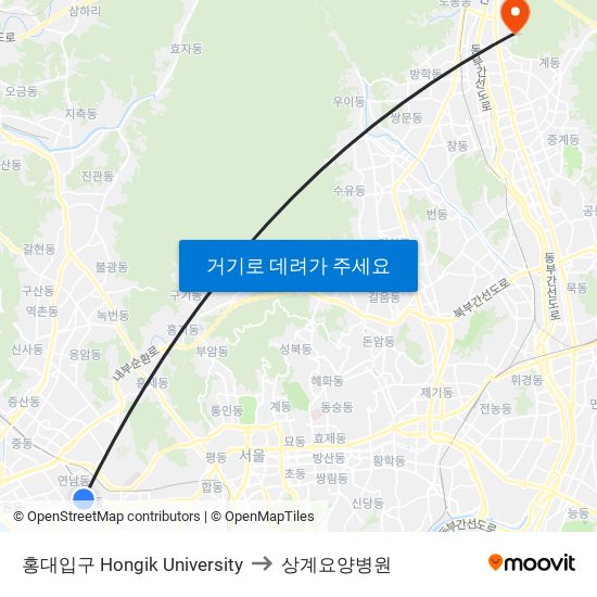 홍대입구 Hongik University to 상계요양병원 map