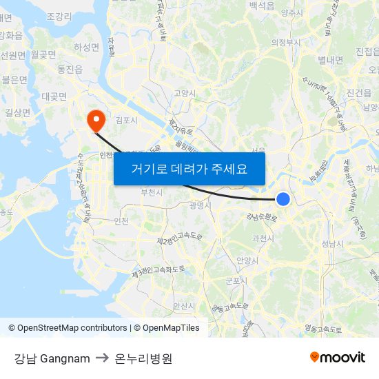 강남 Gangnam to 온누리병원 map