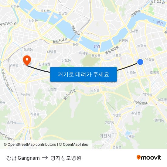 강남 Gangnam to 명지성모병원 map
