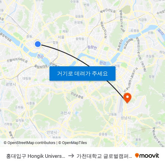 홍대입구 Hongik University to 가천대학교 글로벌캠퍼스 map