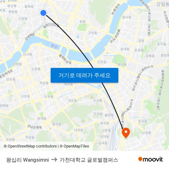 왕십리 Wangsimni to 가천대학교 글로벌캠퍼스 map