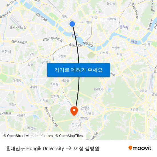 홍대입구 Hongik University to 여성 샘병원 map