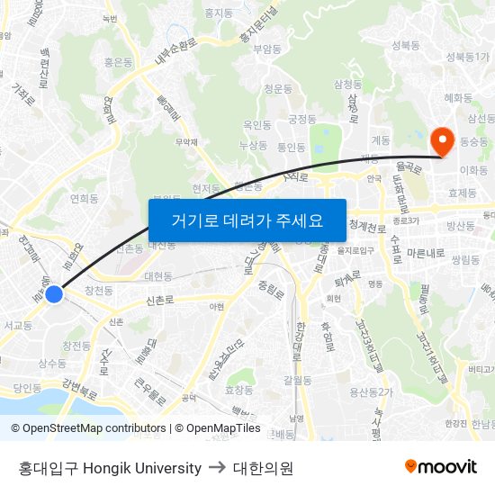 홍대입구 Hongik University to 대한의원 map