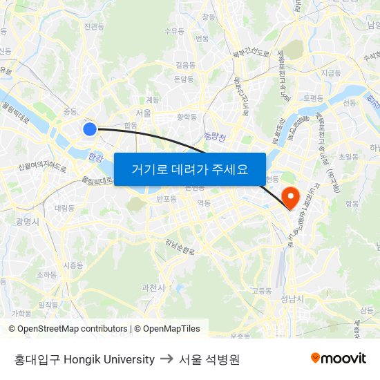 홍대입구 Hongik University to 서울 석병원 map