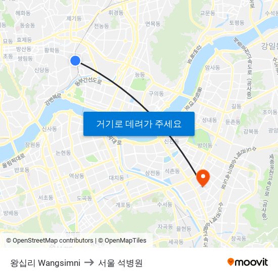 왕십리 Wangsimni to 서울 석병원 map