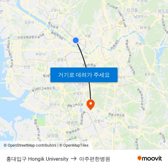 홍대입구 Hongik University to 아주편한병원 map