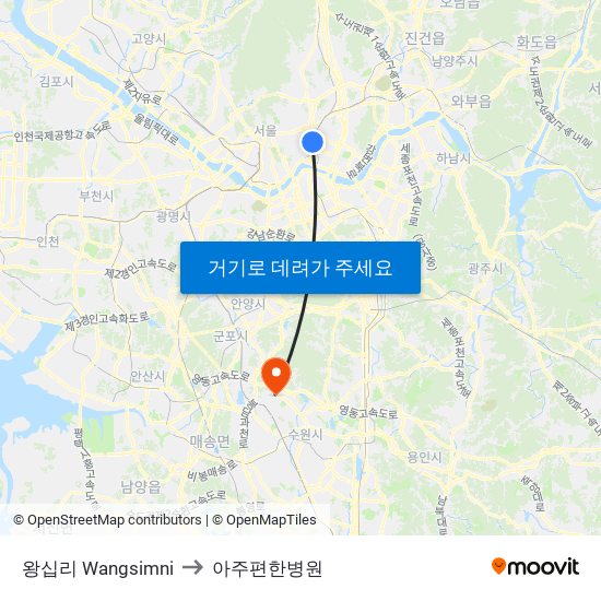 왕십리 Wangsimni to 아주편한병원 map