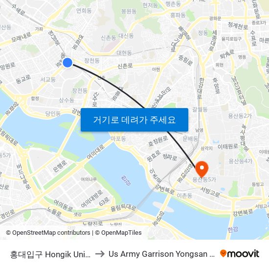 홍대입구 Hongik University to Us Army Garrison Yongsan Hospital map