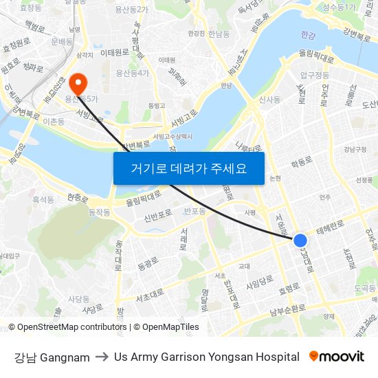 강남 Gangnam to Us Army Garrison Yongsan Hospital map