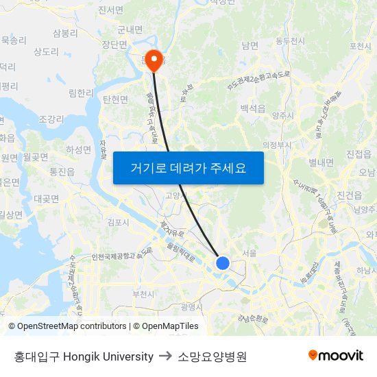 홍대입구 Hongik University to 소망요양병원 map