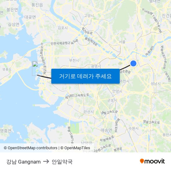 강남 Gangnam to 안일약국 map