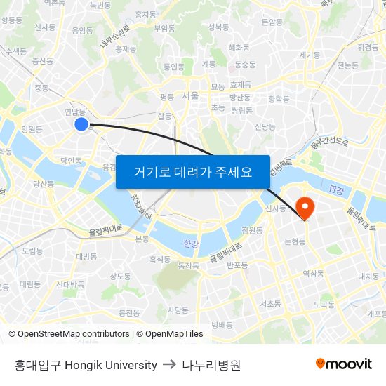 홍대입구 Hongik University to 나누리병원 map