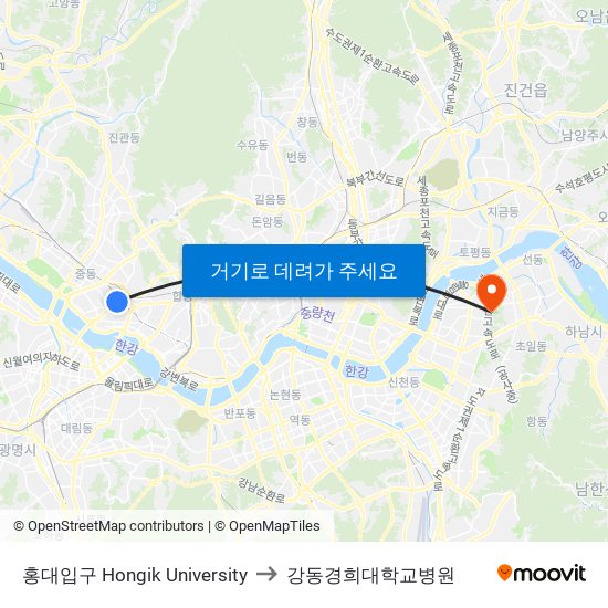 홍대입구 Hongik University to 강동경희대학교병원 map