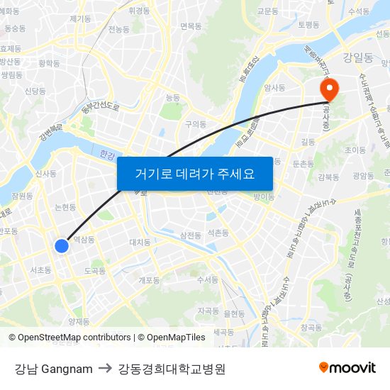 강남 Gangnam to 강동경희대학교병원 map