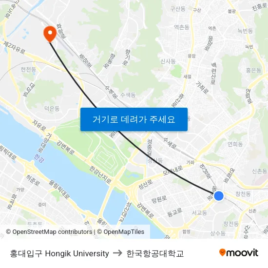 홍대입구 Hongik University to 한국항공대학교 map