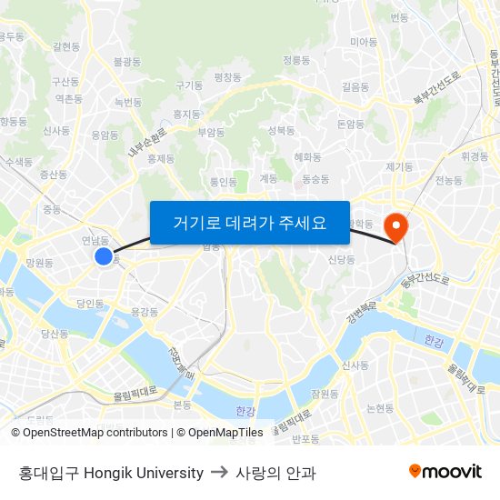 홍대입구 Hongik University to 사랑의 안과 map