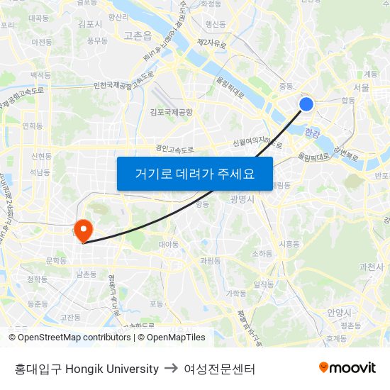 홍대입구 Hongik University to 여성전문센터 map
