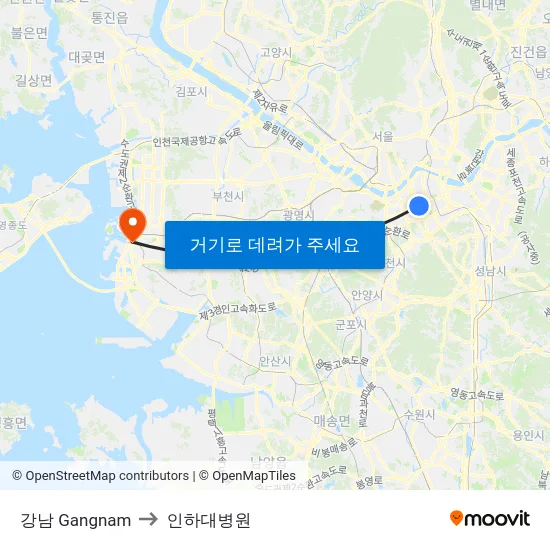 강남 Gangnam to 인하대병원 map