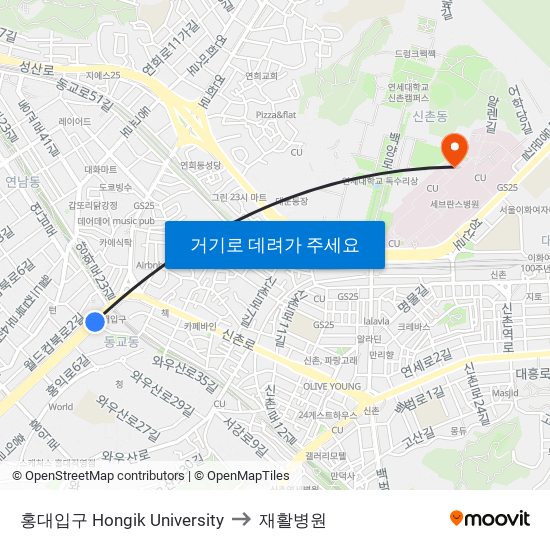 홍대입구 Hongik University to 재활병원 map