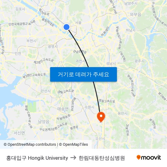 홍대입구 Hongik University to 한림대동탄성심병원 map