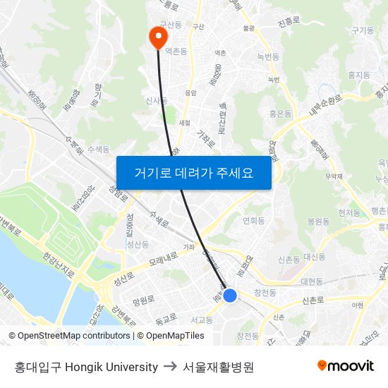 홍대입구 Hongik University to 서울재활병원 map