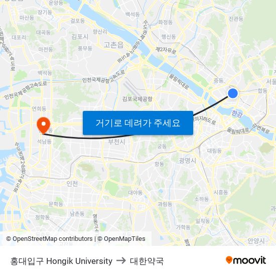 홍대입구 Hongik University to 대한약국 map