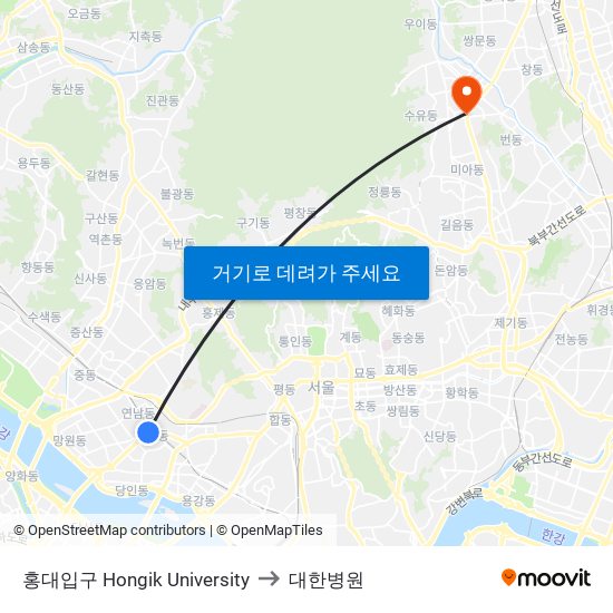 홍대입구 Hongik University to 대한병원 map