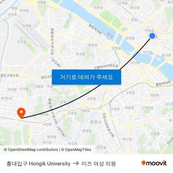 홍대입구 Hongik University to 미즈 여성 의원 map