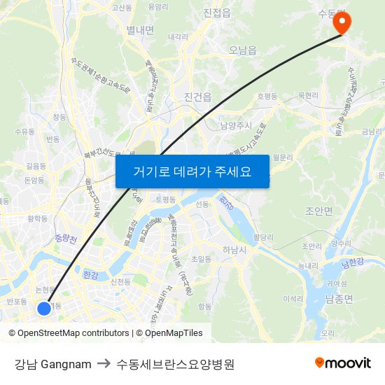 강남 Gangnam to 수동세브란스요양병원 map