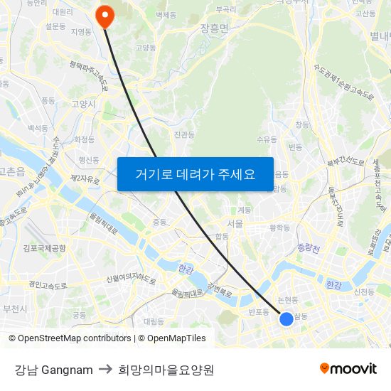강남 Gangnam to 희망의마을요양원 map