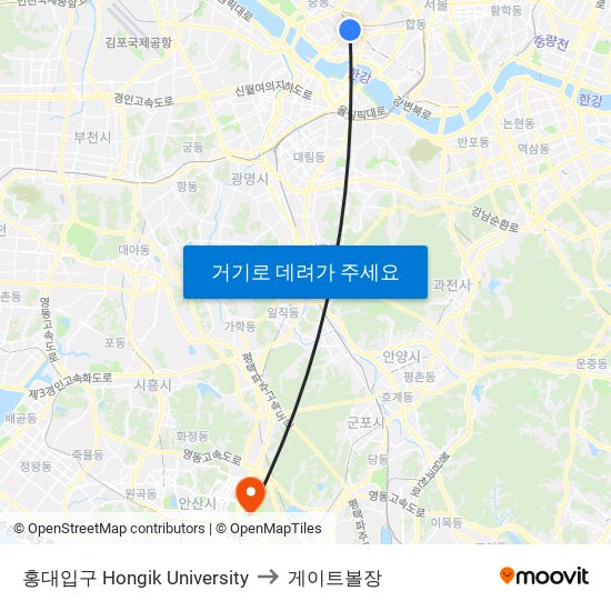 홍대입구 Hongik University to 게이트볼장 map