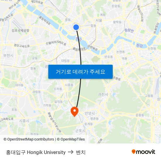 홍대입구 Hongik University to 벤치 map