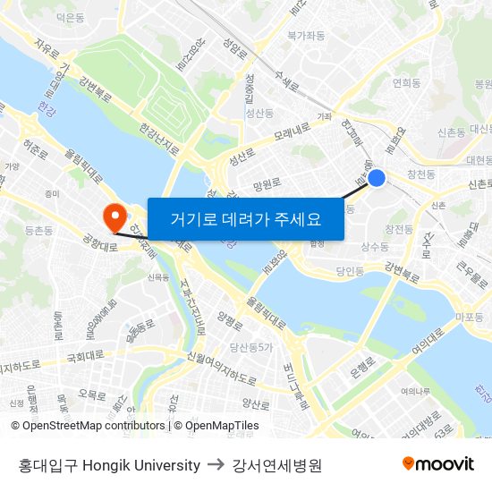 홍대입구 Hongik University to 강서연세병원 map