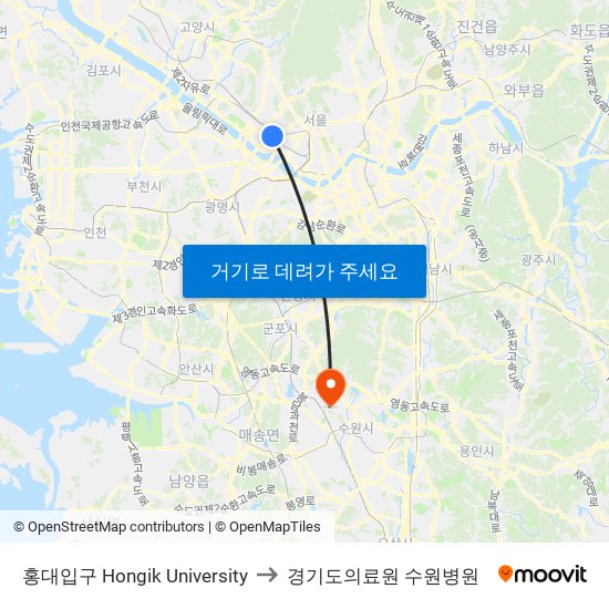 홍대입구 Hongik University to 경기도의료원 수원병원 map