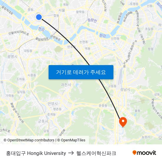 홍대입구 Hongik University to 헬스케어혁신파크 map