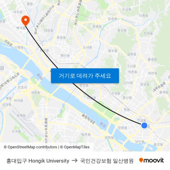 홍대입구 Hongik University to 국민건강보험 일산병원 map