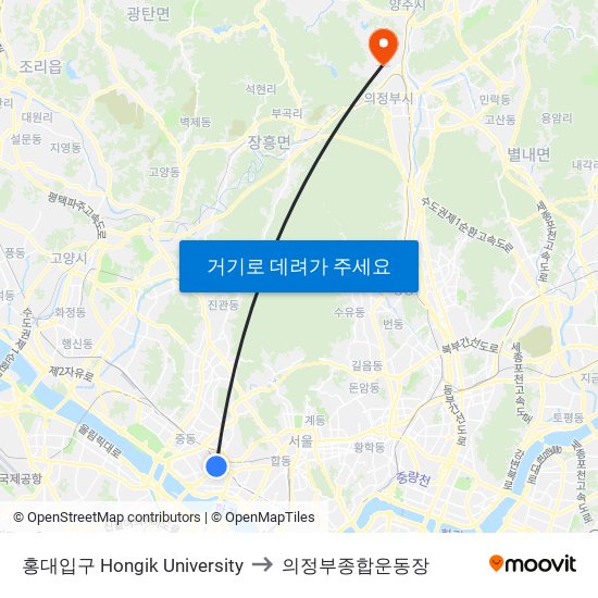 홍대입구 Hongik University to 의정부종합운동장 map