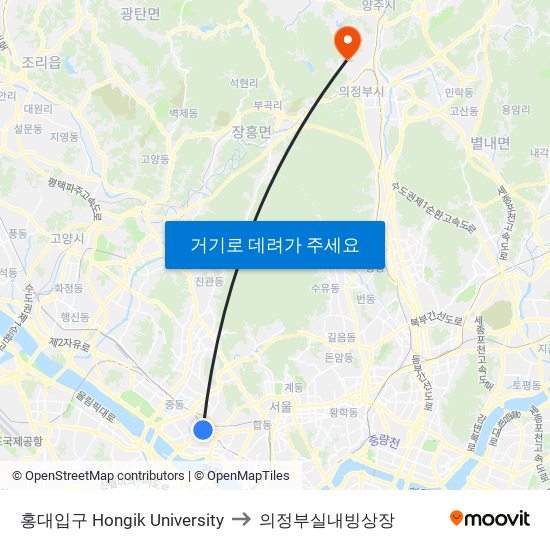 홍대입구 Hongik University to 의정부실내빙상장 map