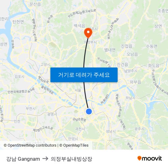 강남 Gangnam to 의정부실내빙상장 map