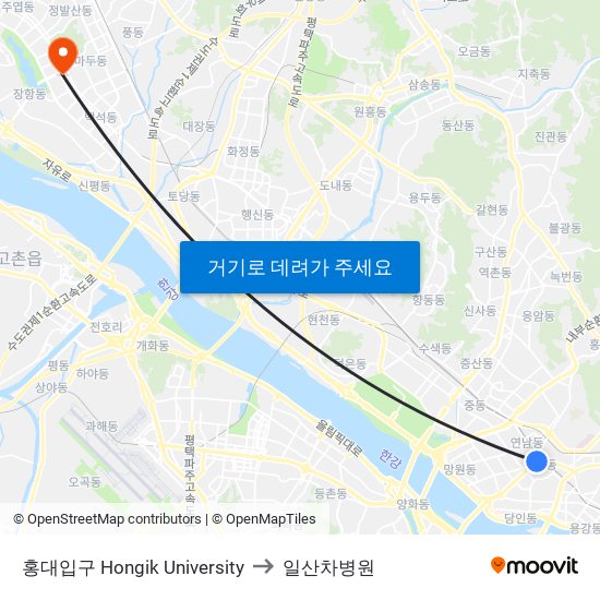 홍대입구 Hongik University to 일산차병원 map
