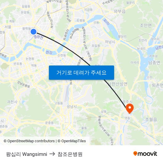 왕십리 Wangsimni to 참조은병원 map