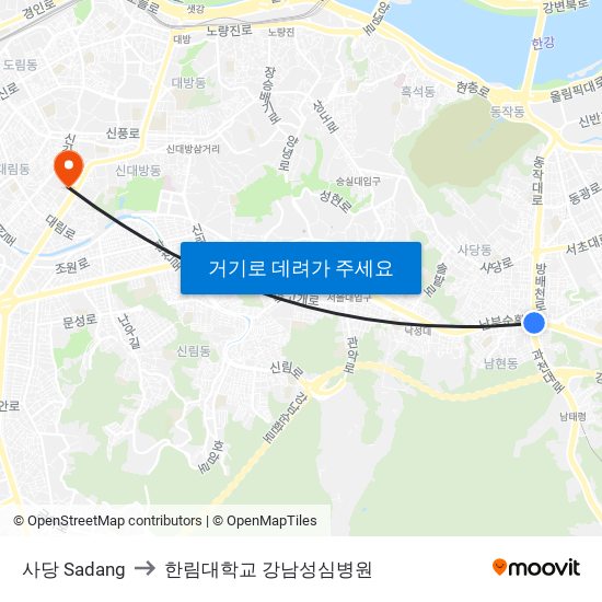 사당 Sadang to 한림대학교 강남성심병원 map