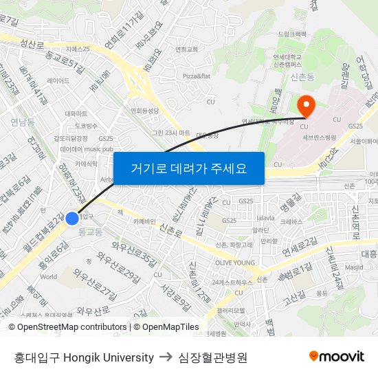 홍대입구 Hongik University to 심장혈관병원 map