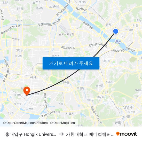 홍대입구 Hongik University to 가천대학교 메디컬캠퍼스 map