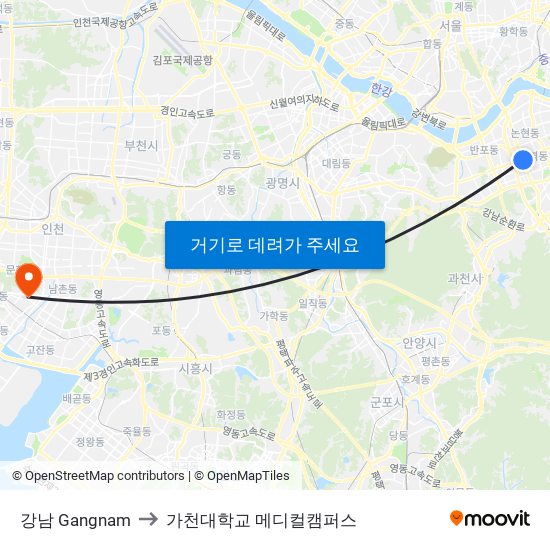 강남 Gangnam to 가천대학교 메디컬캠퍼스 map