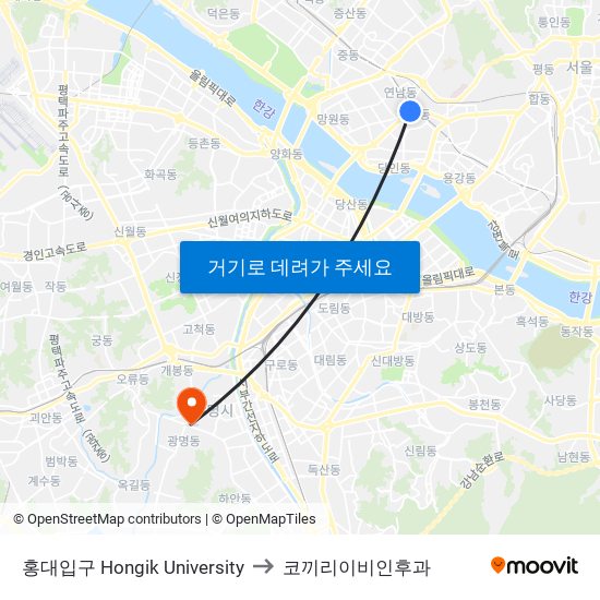 홍대입구 Hongik University to 코끼리이비인후과 map